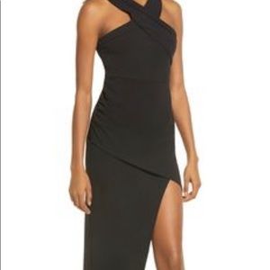 Lulus Guess Again Halter Neck Asymmetrical Midi Dress in Black